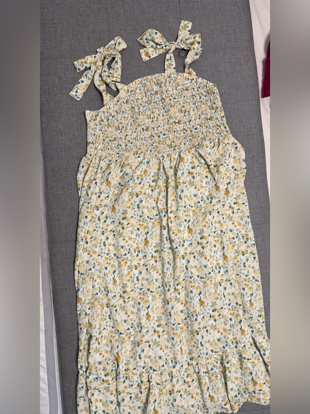SHEIN Yellow and Green Floral Smocked Sundress with Tie Straps